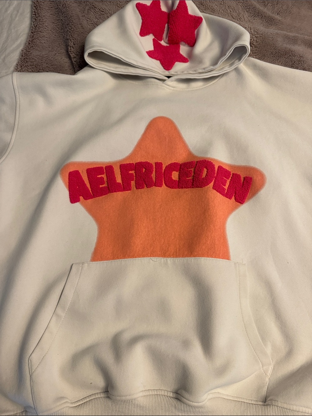 Aelfric Eden White Hoodie with Orange Star & Pink Logo